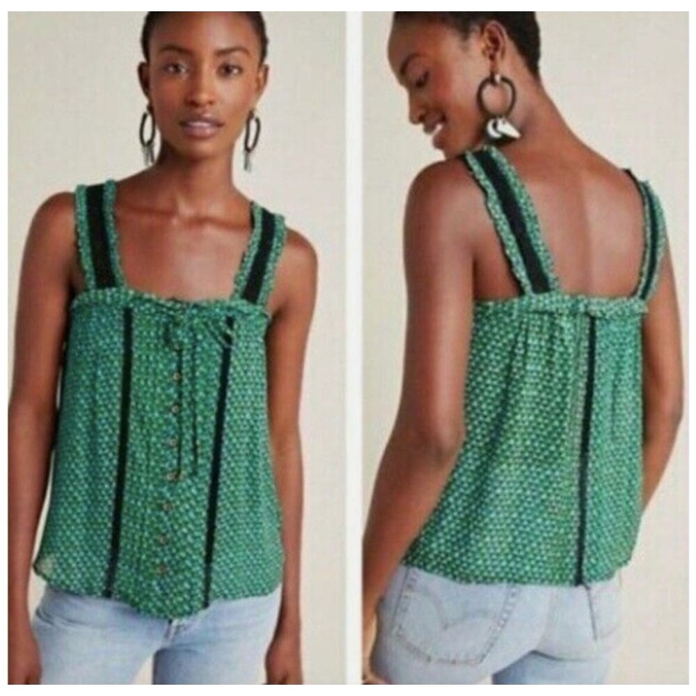 Anthropologie Bardot crochet square‎ neck tank top in geometric green chiffon 4